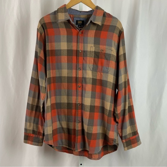 Lee Large Flannel Shacket Barn Chore Button Down Shirt Outdoor Farm Earth Tone - Picture 1 of 8